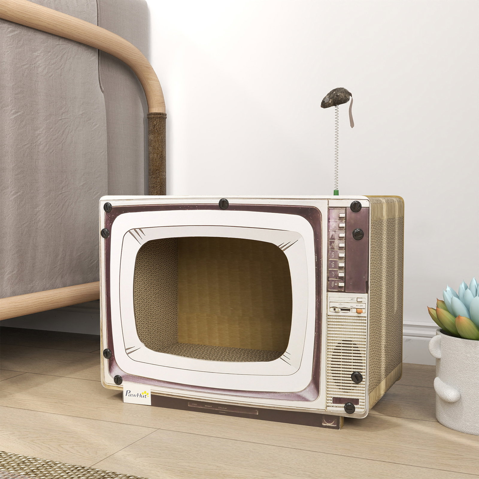 Arranhador de cartão para gatos casa para gatos em forma de televisor com rato de brinquedo 43x23x32,5 cm areia
