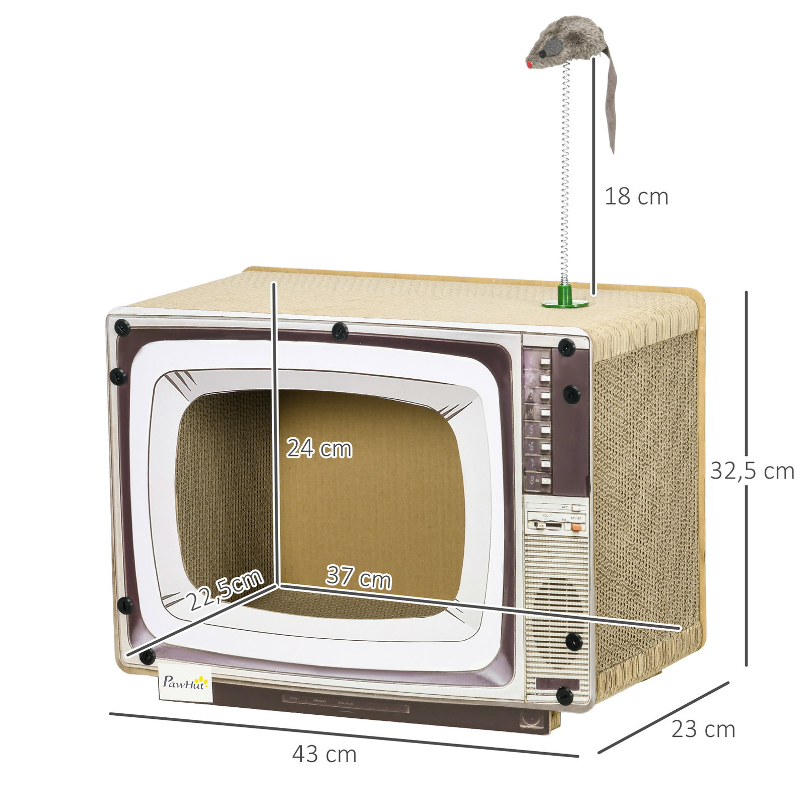 Arranhador de cartão para gatos casa para gatos em forma de televisor com rato de brinquedo 43x23x32,5 cm areia