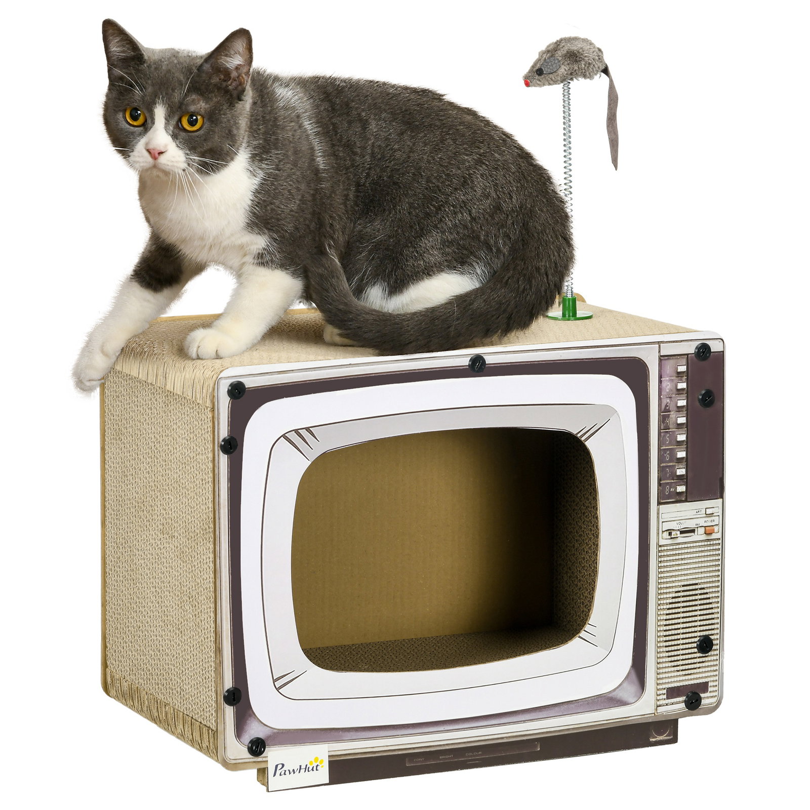 Arranhador de cartão para gatos casa para gatos em forma de televisor com rato de brinquedo 43x23x32,5 cm areia