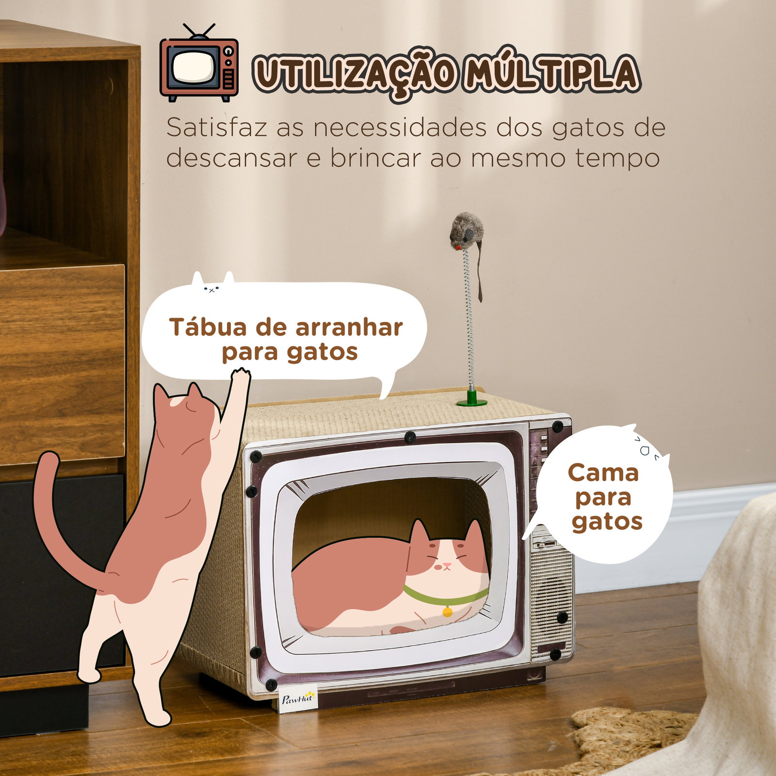 Arranhador de cartão para gatos casa para gatos em forma de televisor com rato de brinquedo 43x23x32,5 cm areia