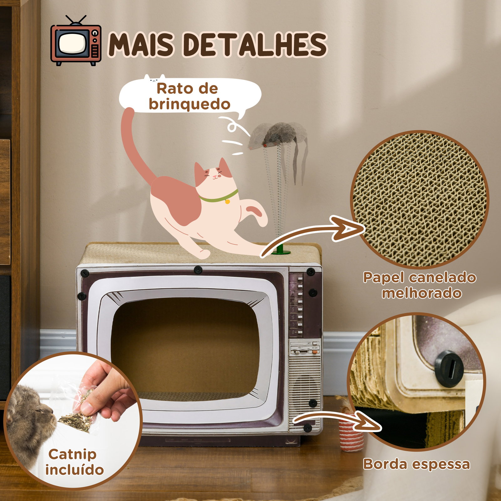 Arranhador de cartão para gatos casa para gatos em forma de televisor com rato de brinquedo 43x23x32,5 cm areia