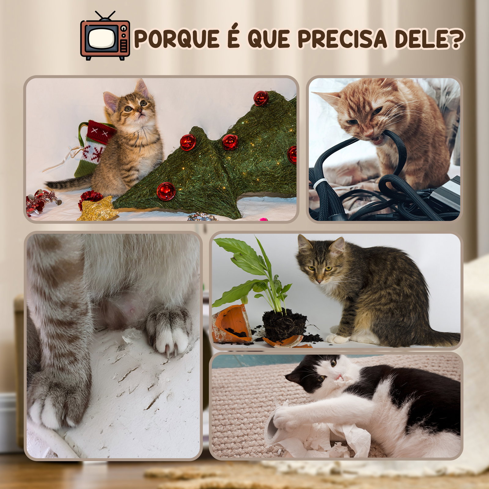 Arranhador de cartão para gatos casa para gatos em forma de televisor com rato de brinquedo 43x23x32,5 cm areia