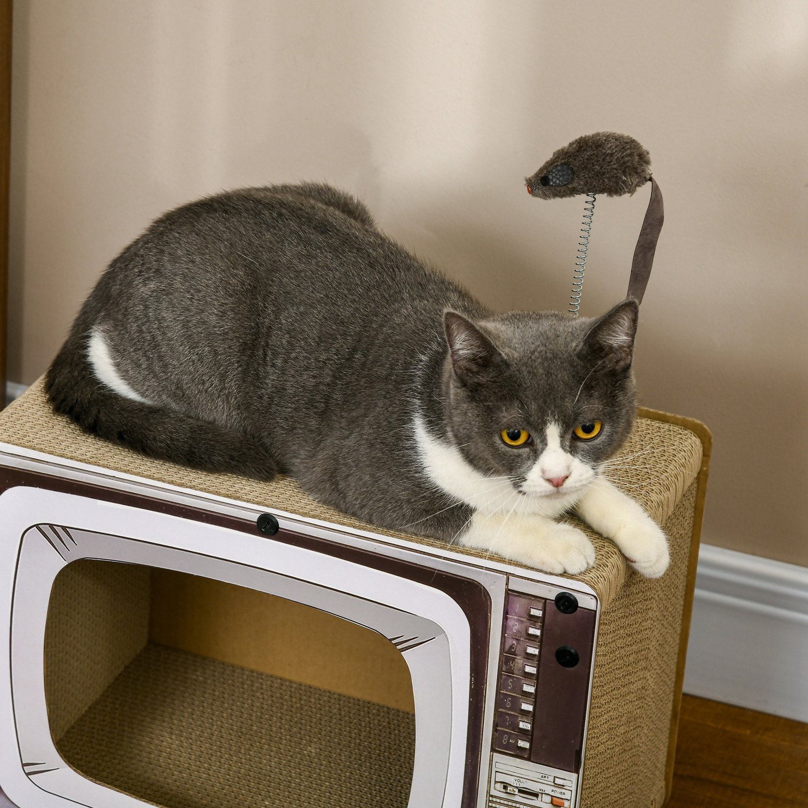 Arranhador de cartão para gatos casa para gatos em forma de televisor com rato de brinquedo 43x23x32,5 cm areia