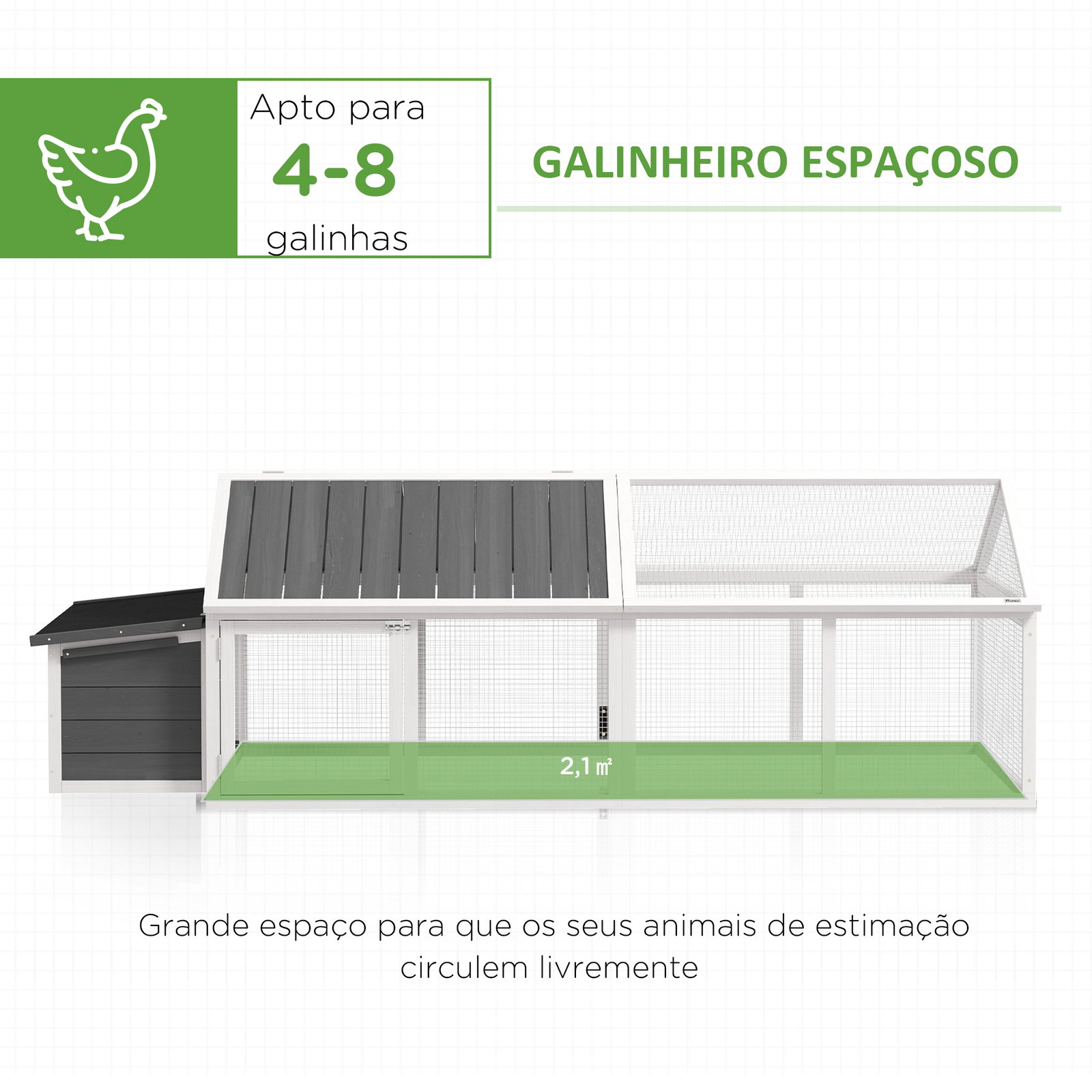 Galinheiro de madeira para 4-8 galinhas com teto abatível portas com fechadura e caixa ninho 240x112,5x76 cm branco