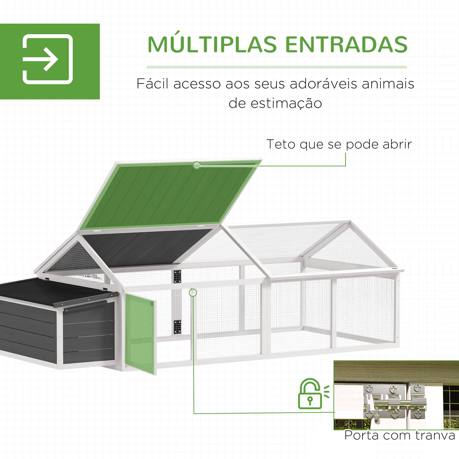Galinheiro de madeira para 4-8 galinhas com teto abatível portas com fechadura e caixa ninho 240x112,5x76 cm branco