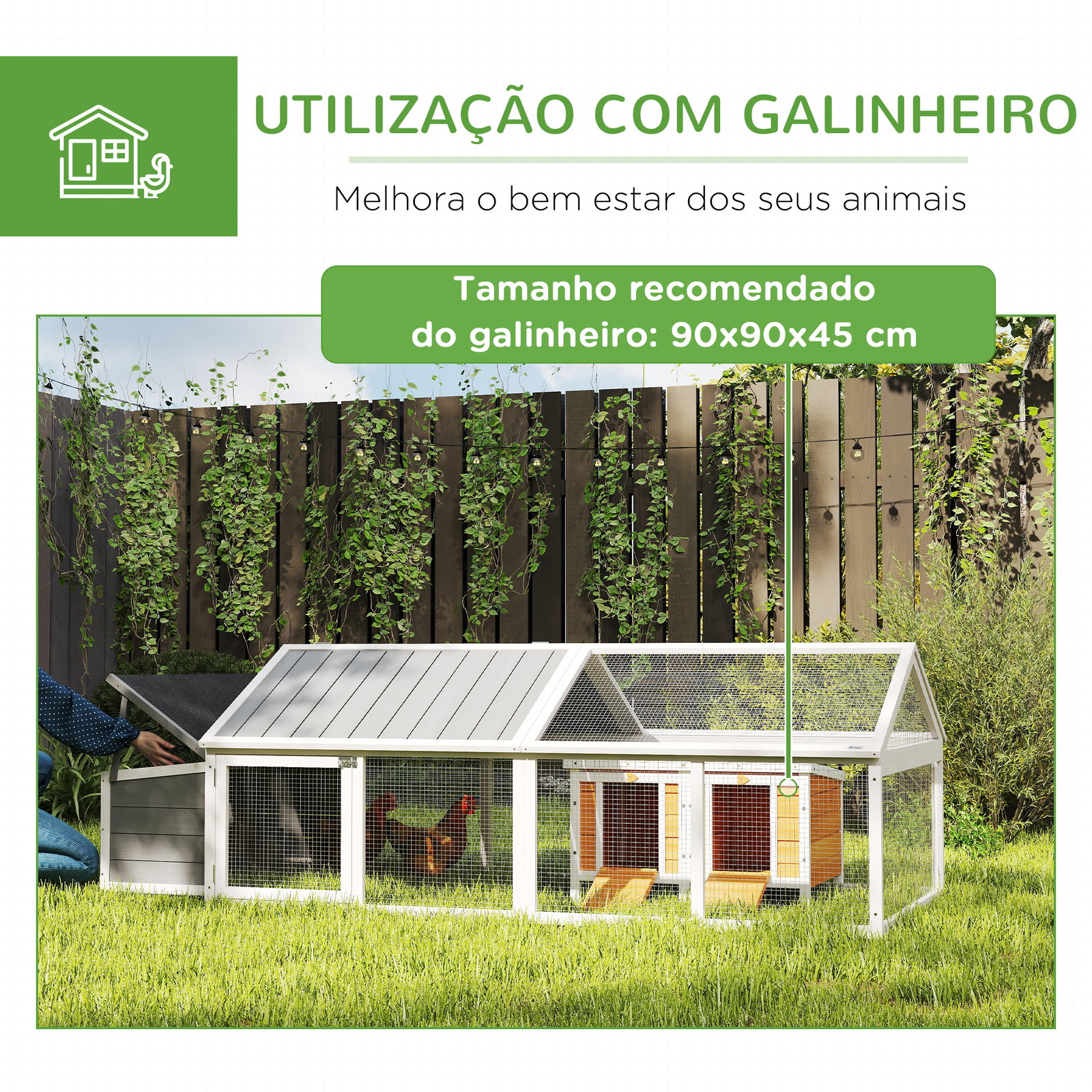 Galinheiro de madeira para 4-8 galinhas com teto abatível portas com fechadura e caixa ninho 240x112,5x76 cm branco
