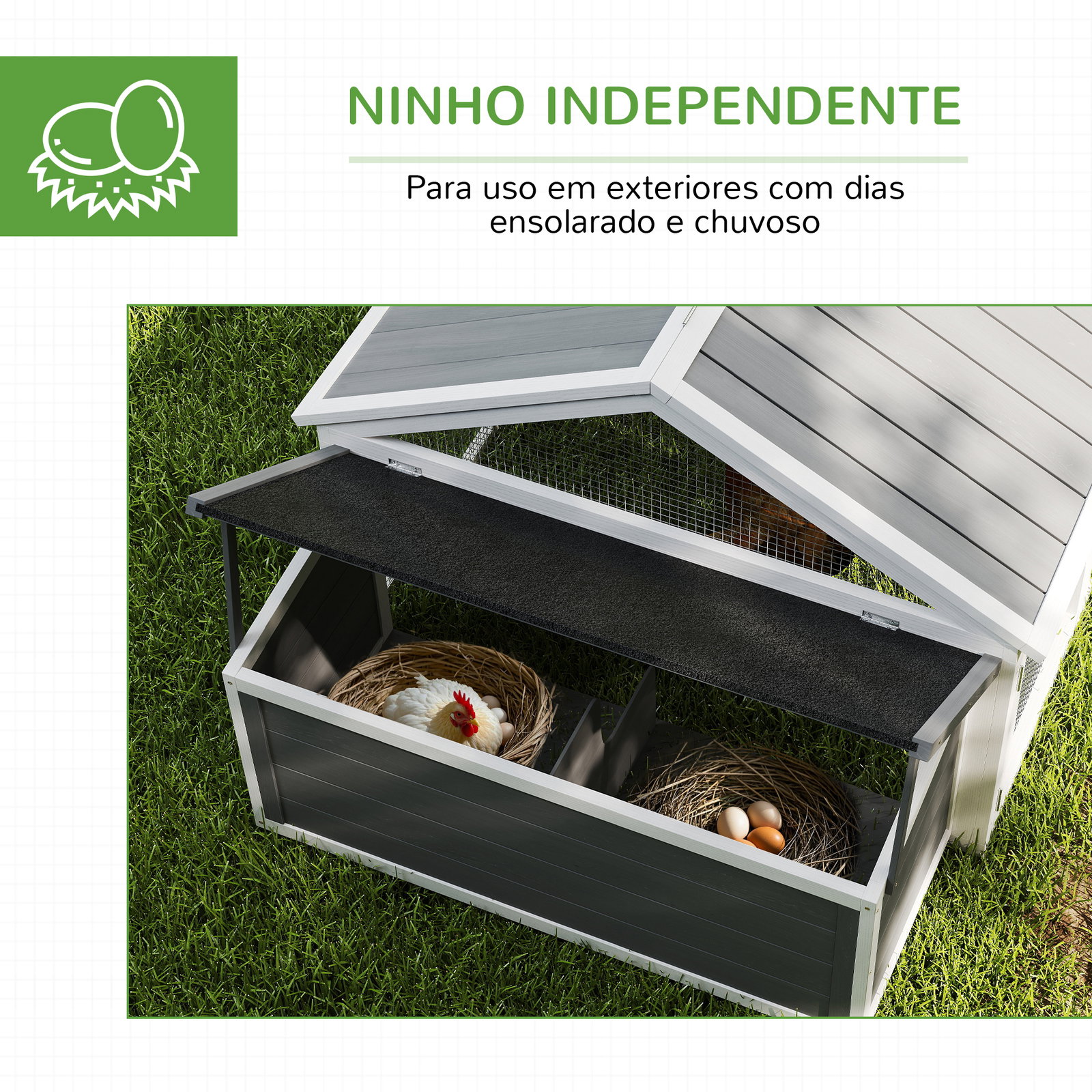 Galinheiro de madeira para 4-8 galinhas com teto abatível portas com fechadura e caixa ninho 240x112,5x76 cm branco
