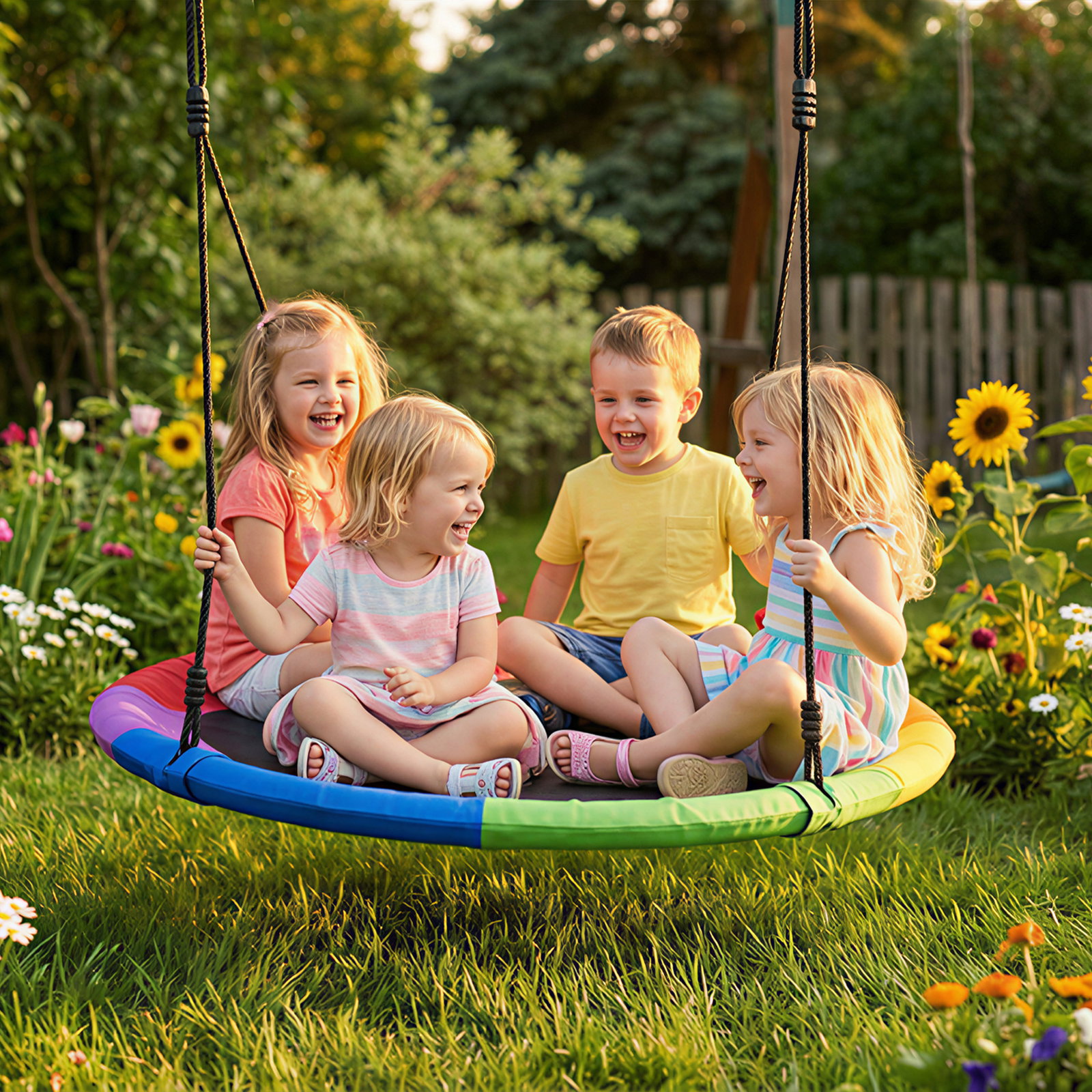 Baloiço ninho infantil ø120 cm altura ajustável baloiço redondo para bebés para árvores para 4 crianças de 3 a 8 anos multicolor