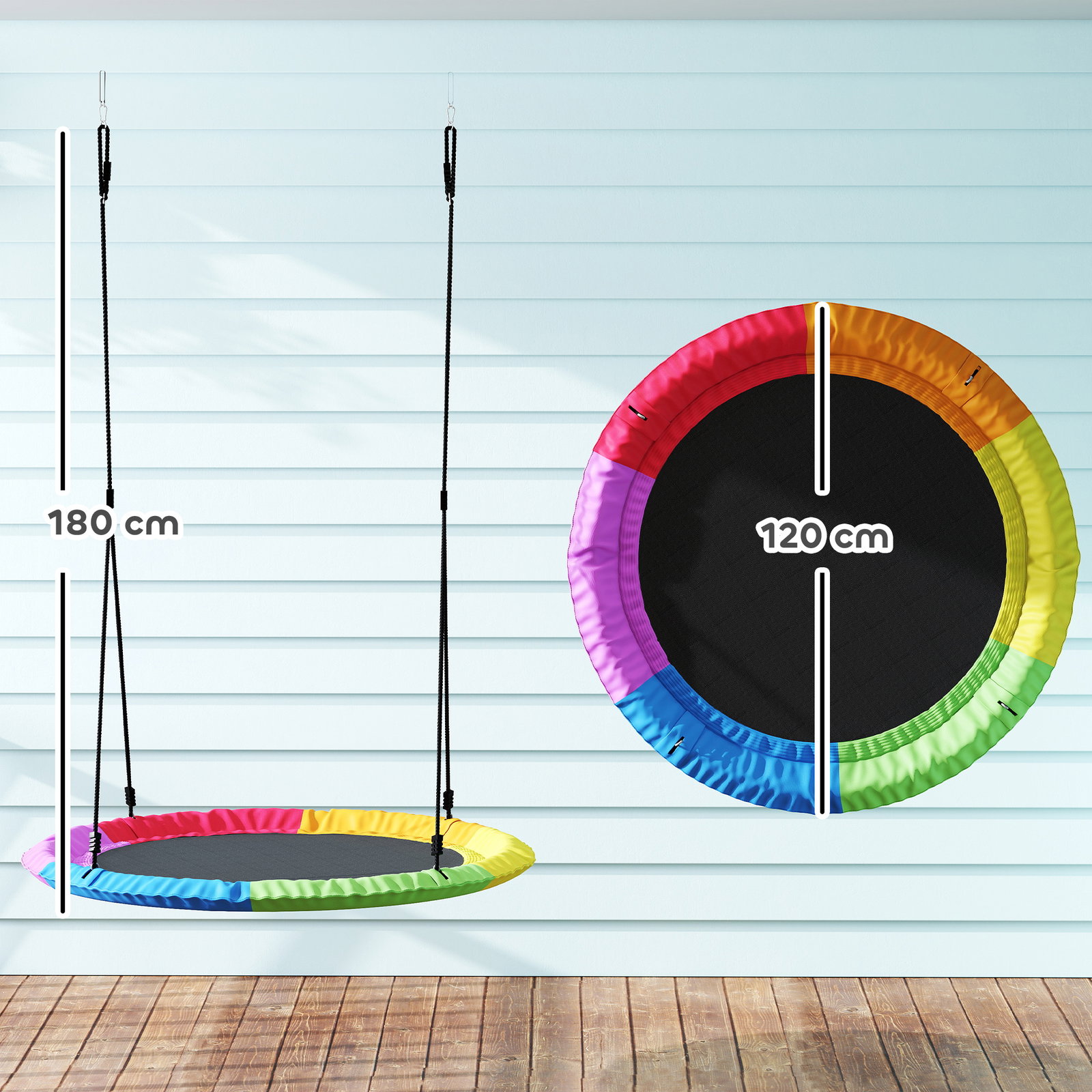 Baloiço ninho infantil ø120 cm altura ajustável baloiço redondo para bebés para árvores para 4 crianças de 3 a 8 anos multicolor