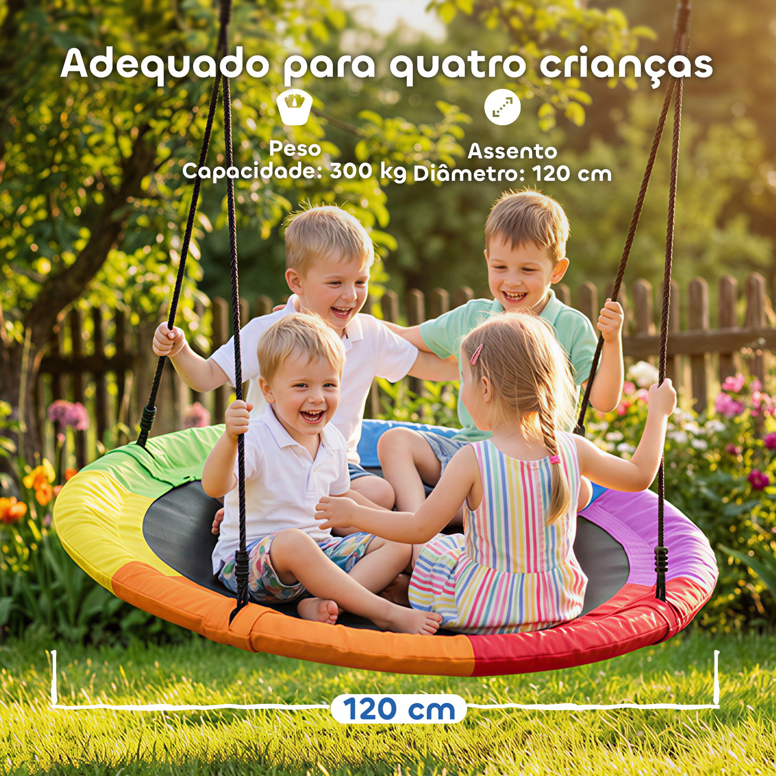 Baloiço ninho infantil ø120 cm altura ajustável baloiço redondo para bebés para árvores para 4 crianças de 3 a 8 anos multicolor
