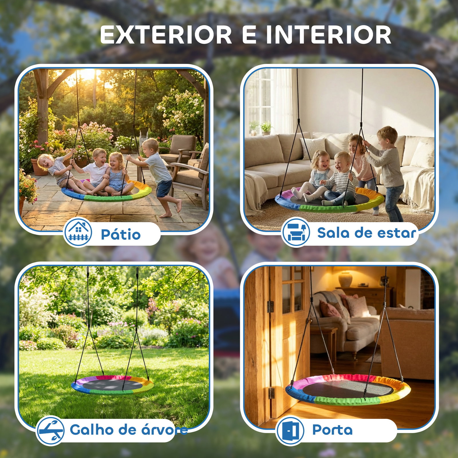 Baloiço ninho infantil ø120 cm altura ajustável baloiço redondo para bebés para árvores para 4 crianças de 3 a 8 anos multicolor