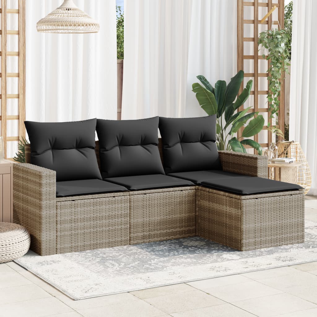 4 Pcs conj. sofás jardim c/ almofadões vime PE cinzento-claro