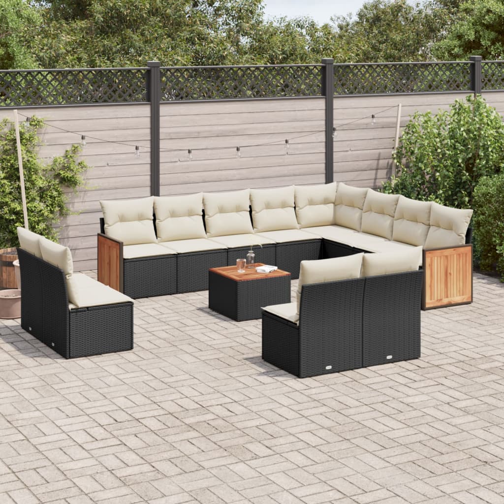 13 Pcs conjunto de sofás de jardim com almofadões vime PE preto