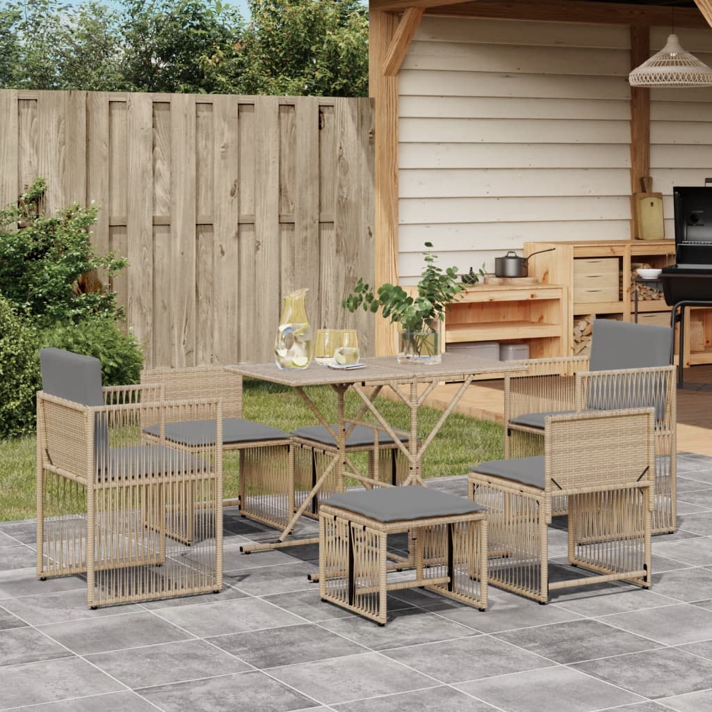 7 Pcs conjunto de jantar p/ jardim com almofadões vime PE bege