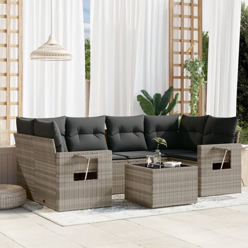 7 Pcs conj. sofás jardim com almofadões vime PE cinzento-claro