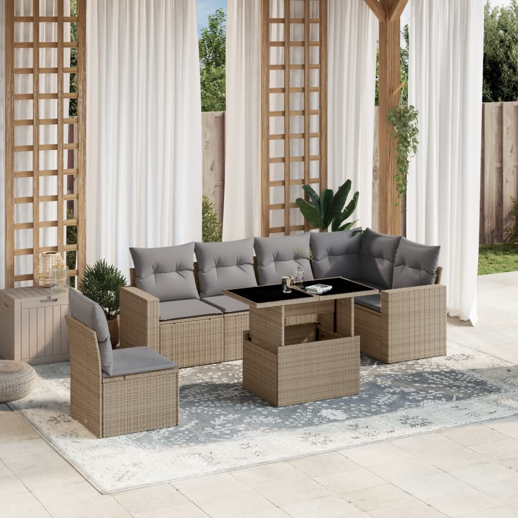 7 Pcs conjunto de sofás p/ jardim com almofadões vime PE bege