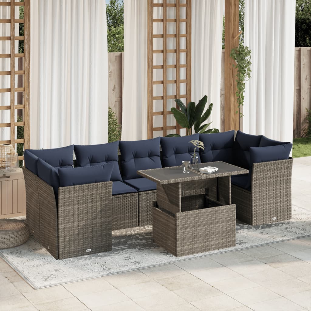 Conjunto de sofá de jardim com 8 peças e almofadas em rattan sintético cinza