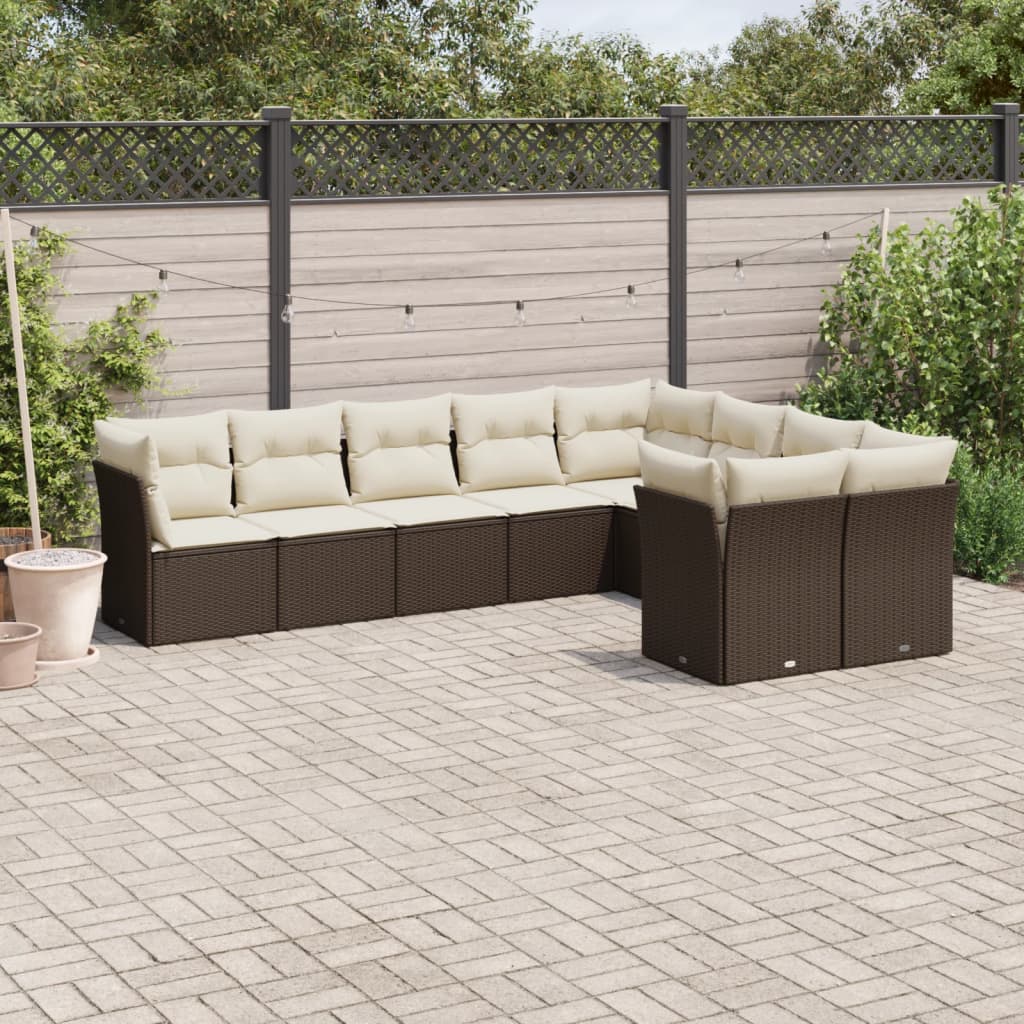 9 Pcs conjunto sofás p/ jardim c/ almofadões vime PE castanho