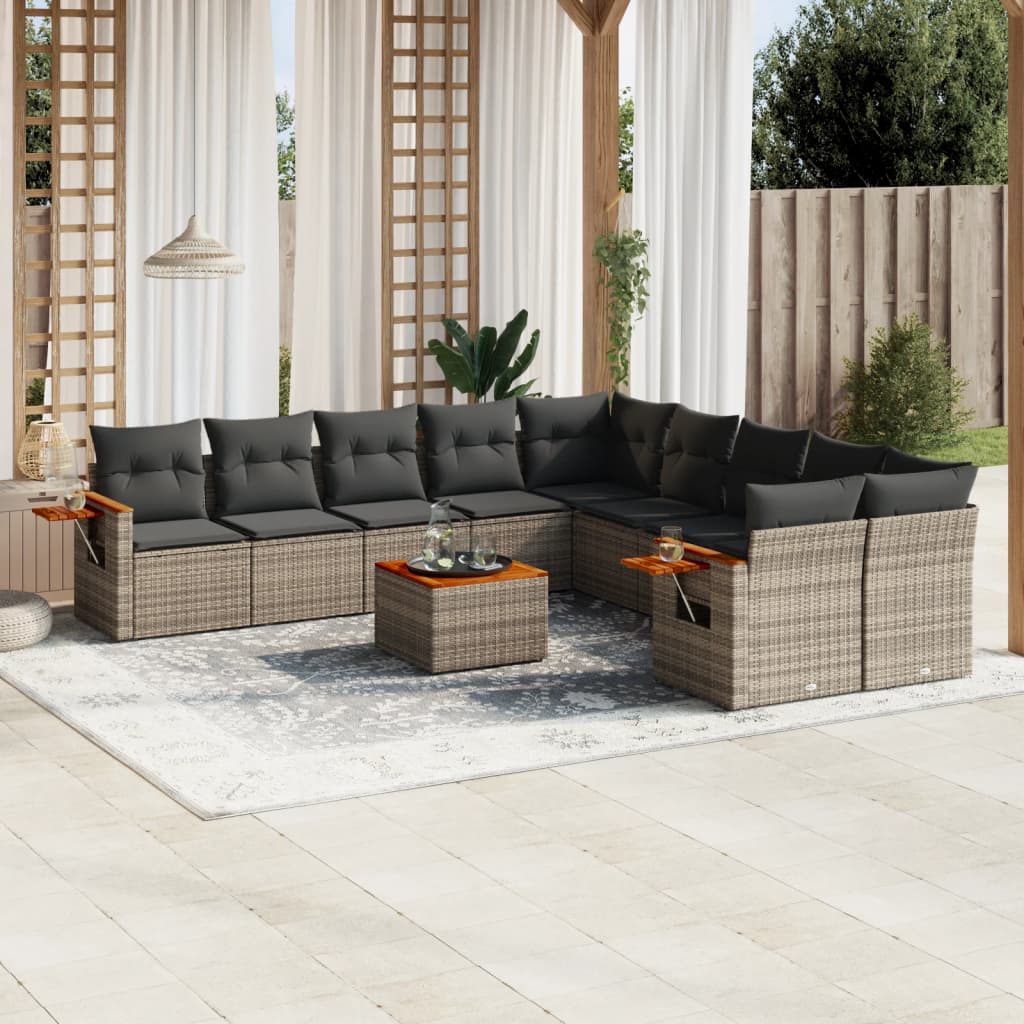 11 Pcs conjunto sofás de jardim c/ almofadões vime PE cinzento
