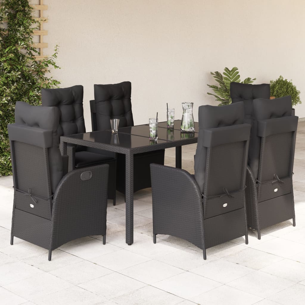 7 Pcs conjunto de jantar p/ jardim c/ almofadões vime PE preto