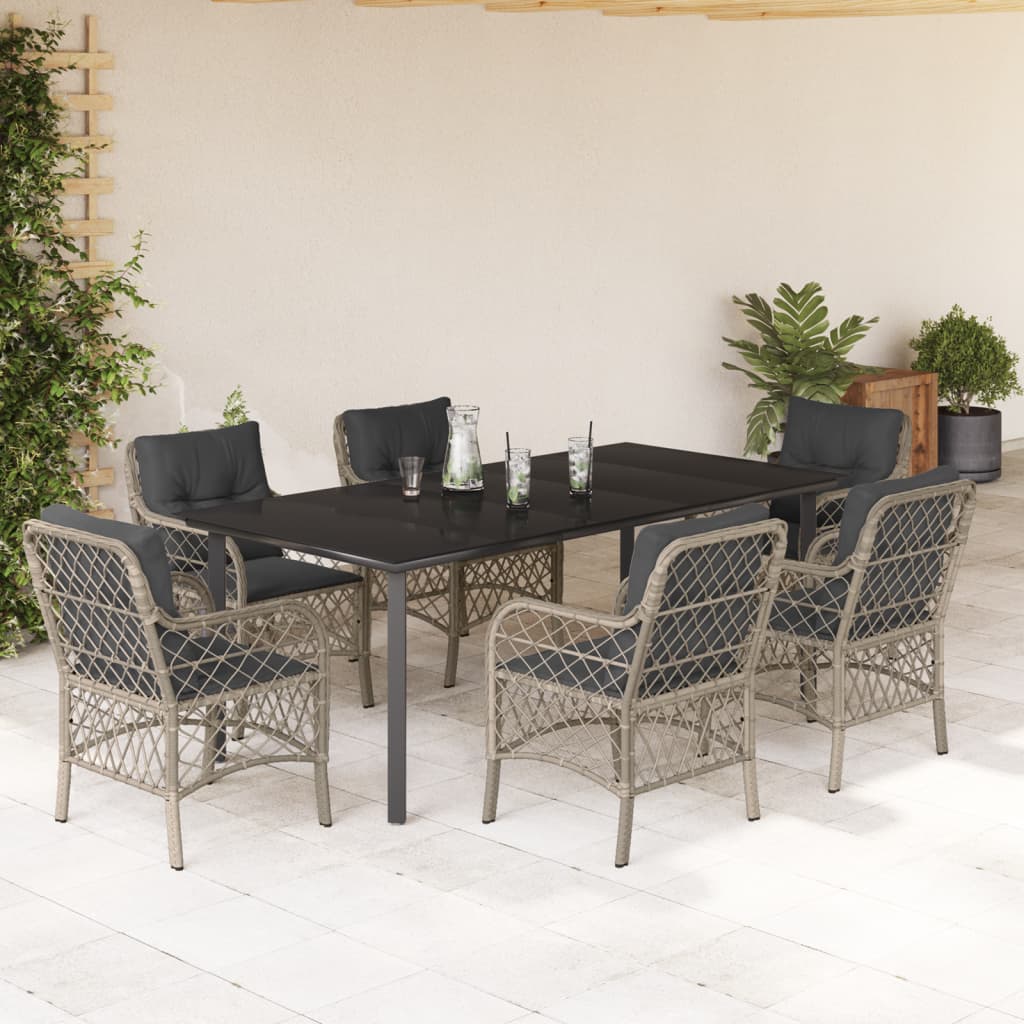 7 Pcs conj. jantar p/ jardim c/ almofadões vime PE cinza-claro