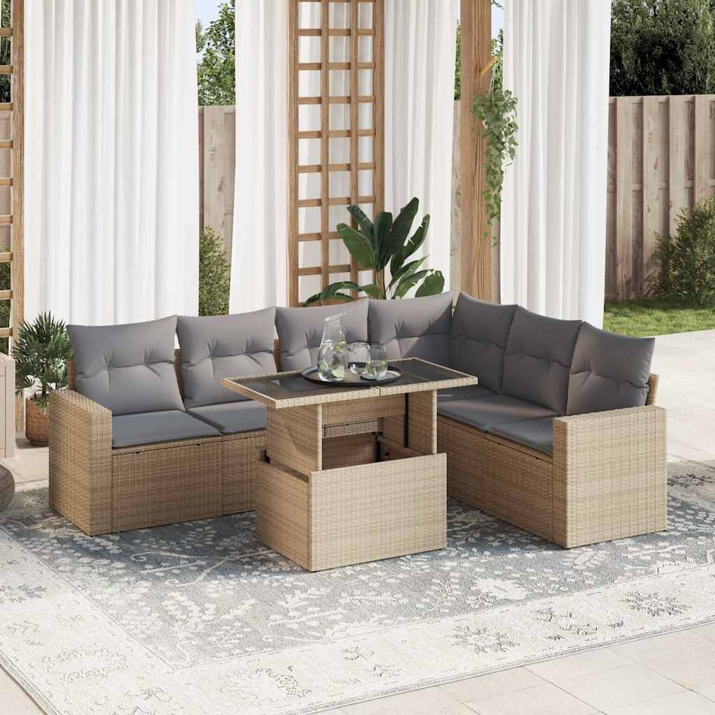 7 Pcs conjunto de sofás p/ jardim com almofadões vime PE bege