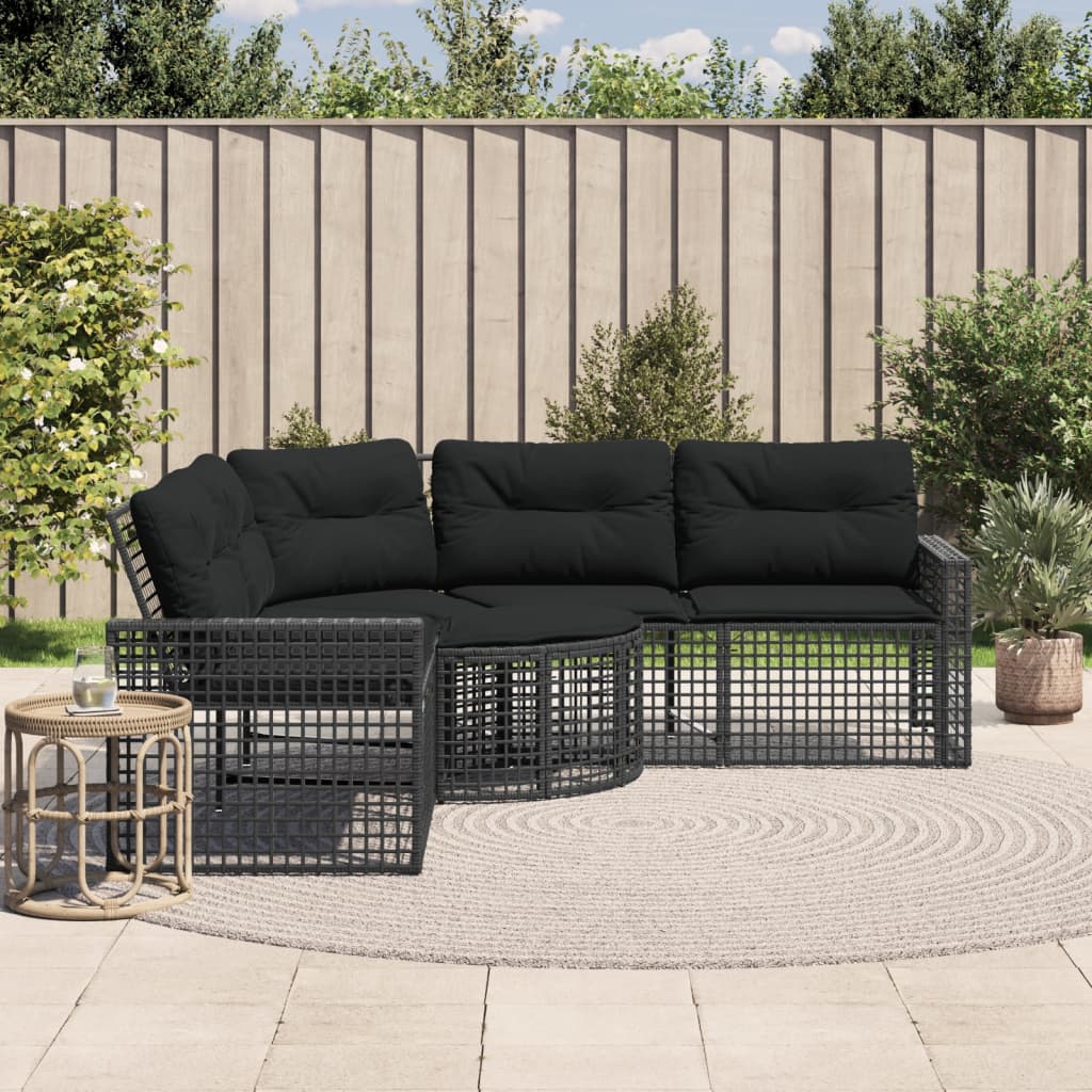 Sofá de jardim em l c/ almofadões e apoio de pés vime PE preto