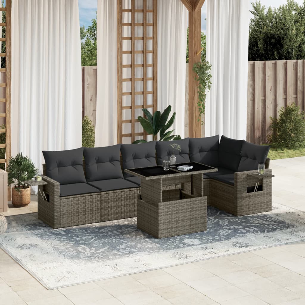 7 Pcs conjunto sofás p/ jardim c/ almofadões vime PE cinzento