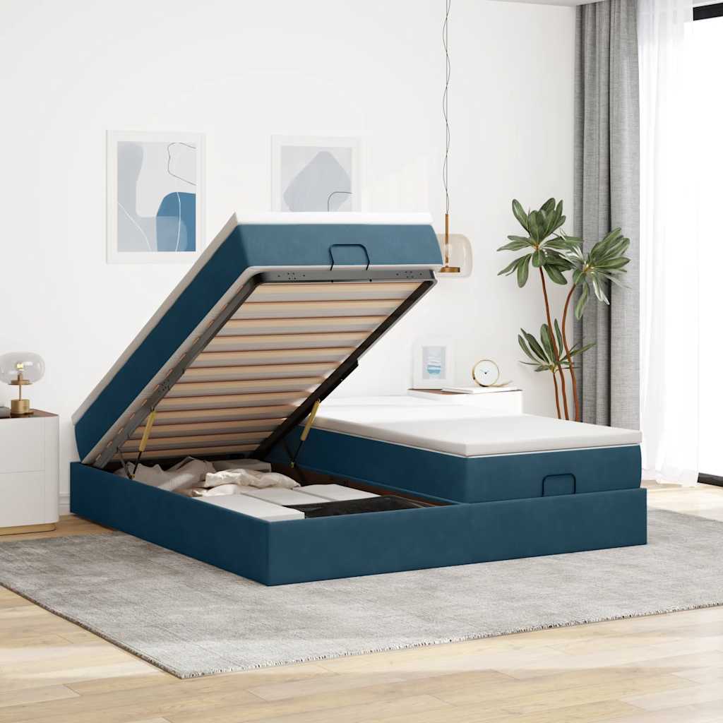 Estrutura cama otomana colchões 180x200 cm veludo azul escuro