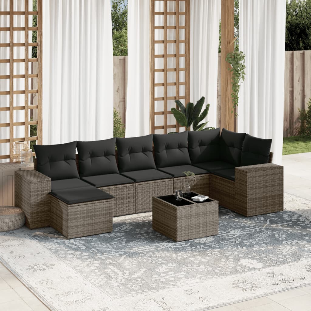 8 Pcs conjunto sofás de jardim c/ almofadões vime PE cinzento