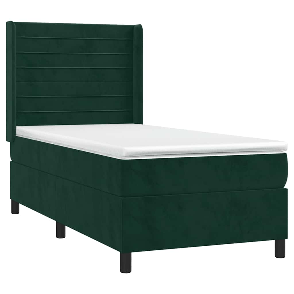 Cama box spring c/ colchão/LED 90x200 cm veludo verde-escuro