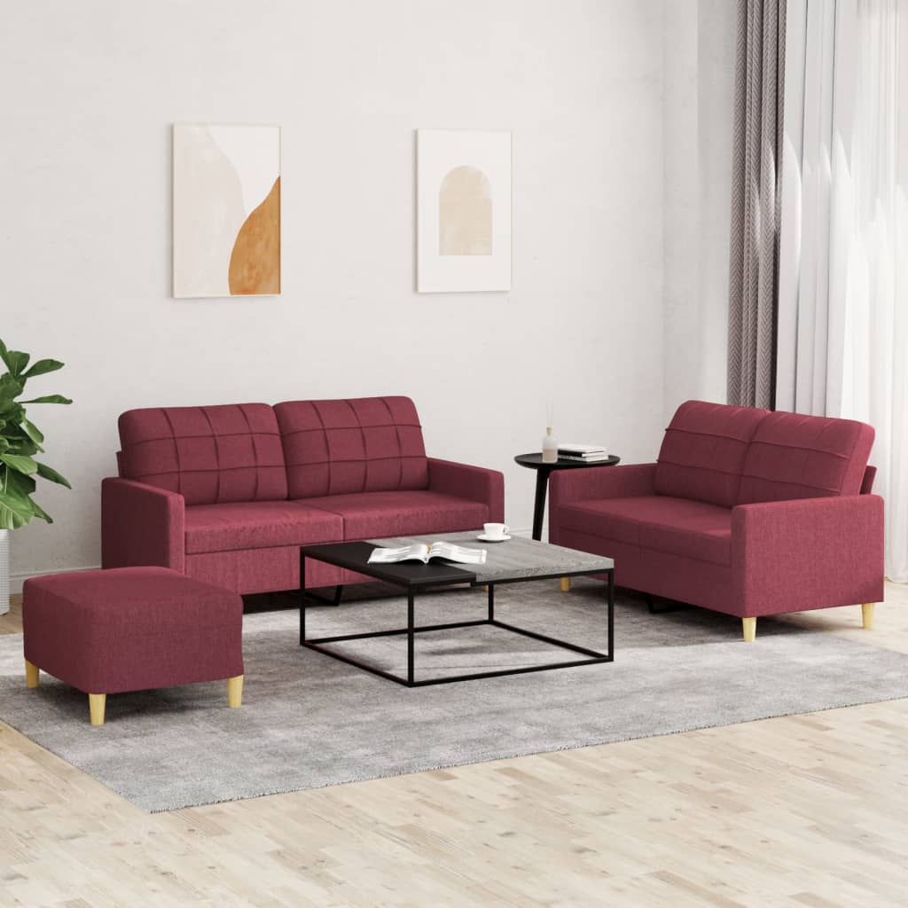 3 Pcs conjunto de sofás com almofadões tecido vermelho tinto
