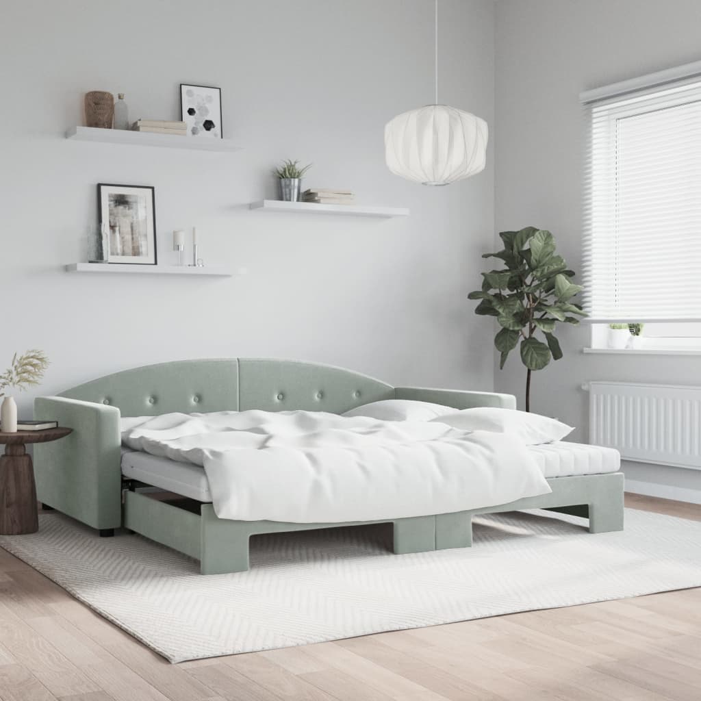 Sofá-cama c/ gavetão e colchões 100x200cm veludo cinzento-claro
