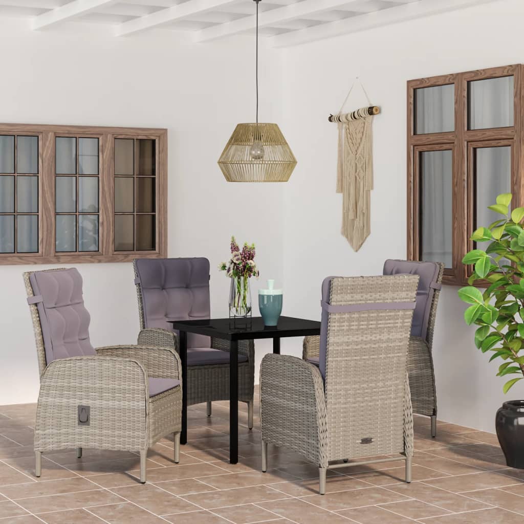 5 Pcs conjunto de jantar jardim com almofadões cinzento/preto
