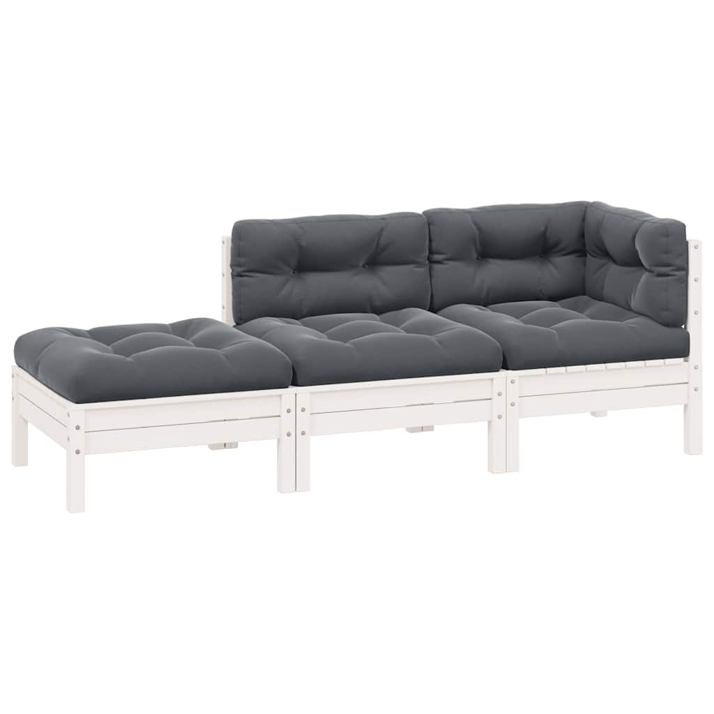 3 Pcs conjunto lounge jardim c/ almofadões pinho maciço branco