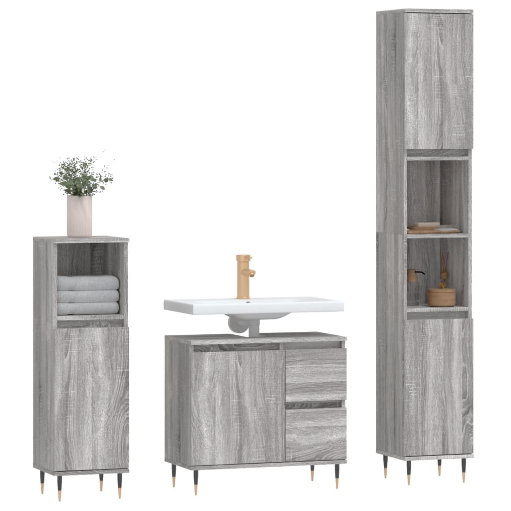 3 Pcs conjunto móveis casa de banho madeira proc. cinza sonoma