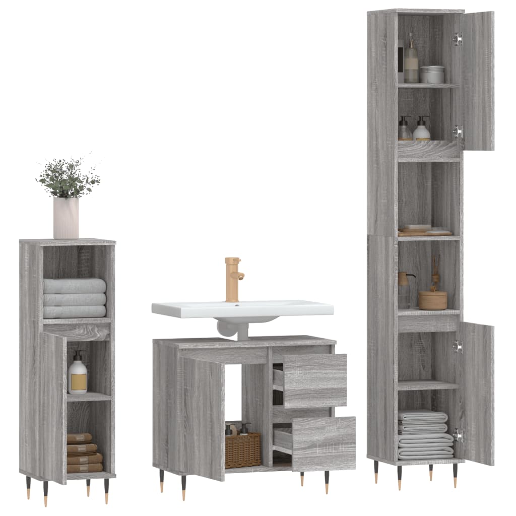3 Pcs conjunto móveis casa de banho madeira proc. cinza sonoma