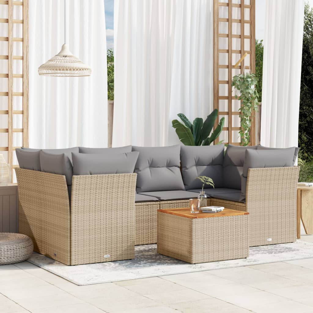 7 Pcs conjunto de sofás p/ jardim com almofadões vime PE bege