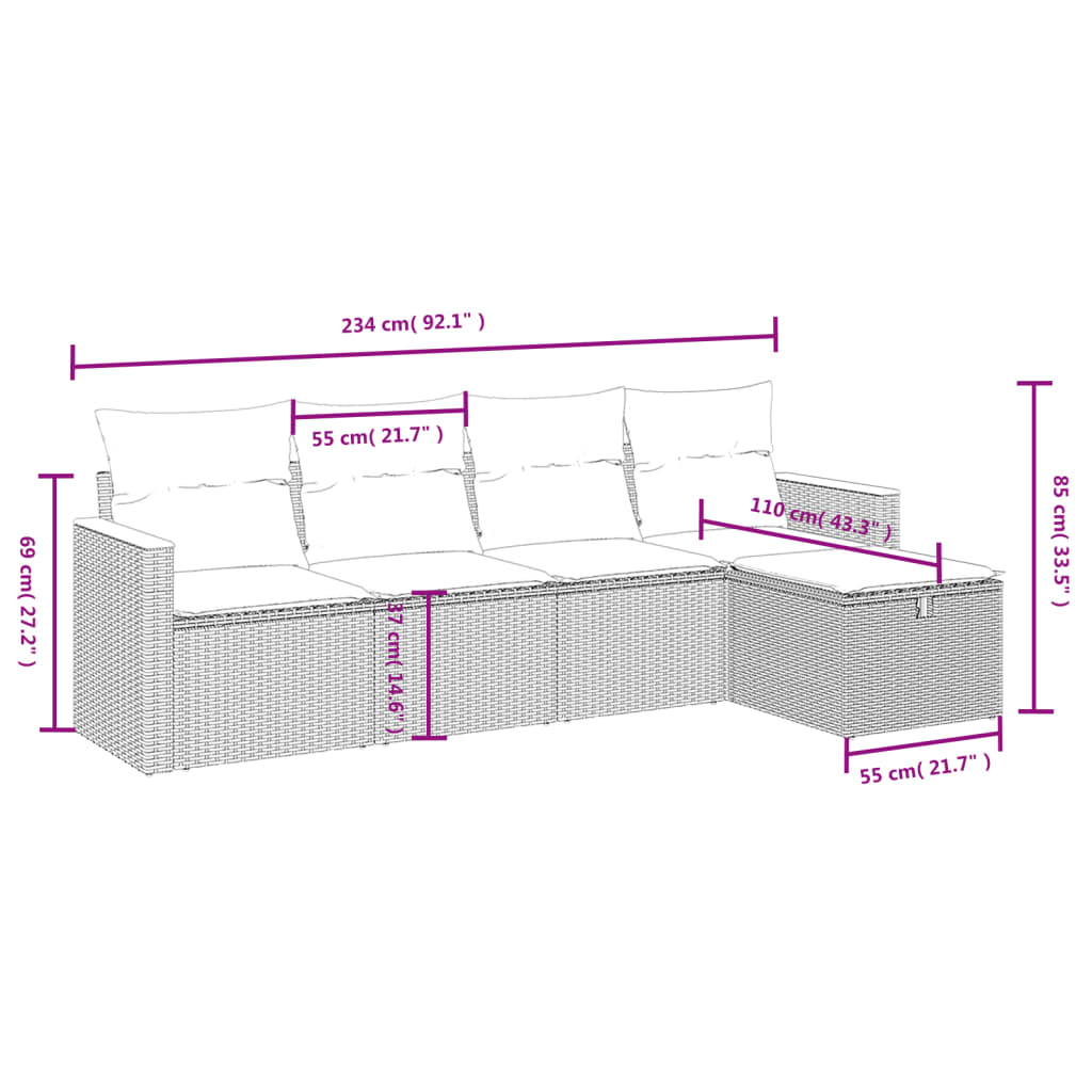 5 Pcs conjunto de sofás p/ jardim com almofadões vime PE bege