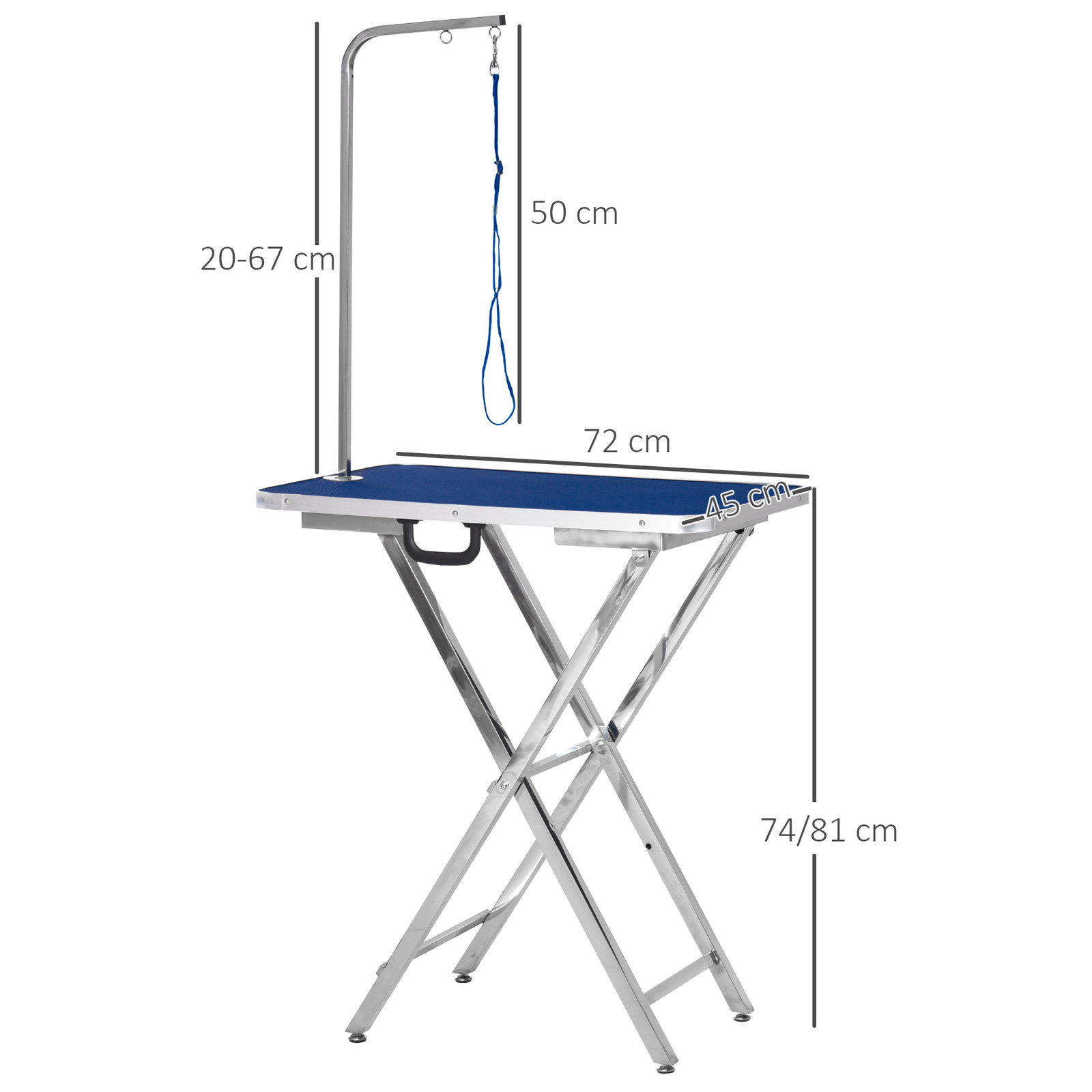 Mesa de tosquia para cães com bancada antiderrapante alça e braço com altura ajustável 72x45x74-81 cm azul