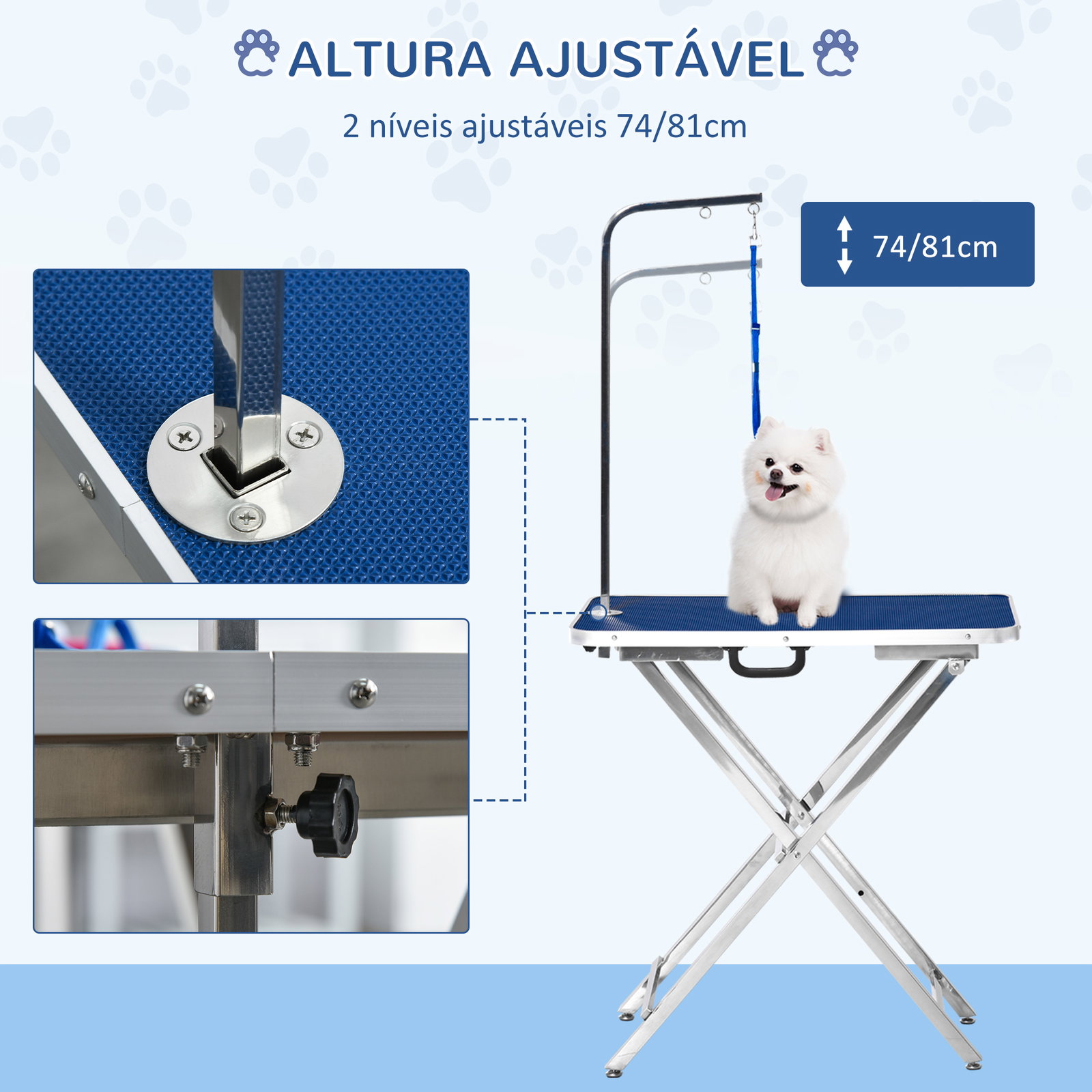 Mesa de tosquia para cães com bancada antiderrapante alça e braço com altura ajustável 72x45x74-81 cm azul