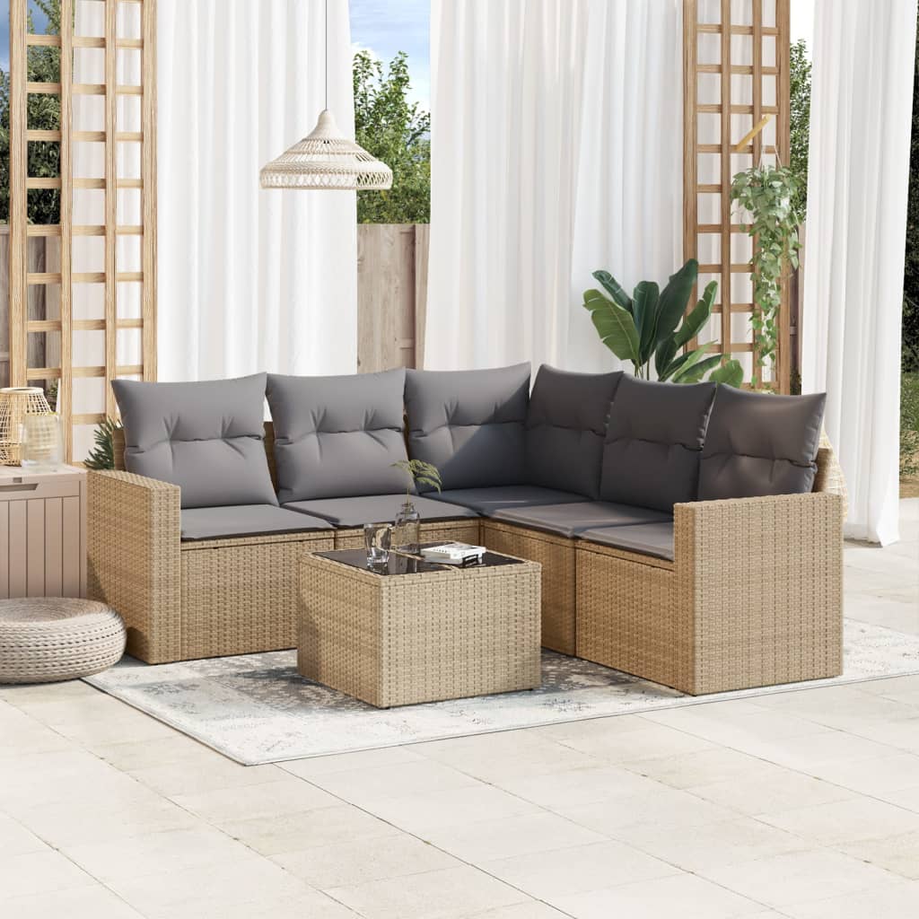 6 Pcs conjunto de sofás p/ jardim com almofadões vime PE bege