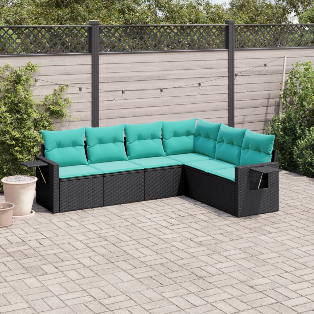 Conjunto de sofá de jardim com 6 peças e almofadas em rattan sintético preto