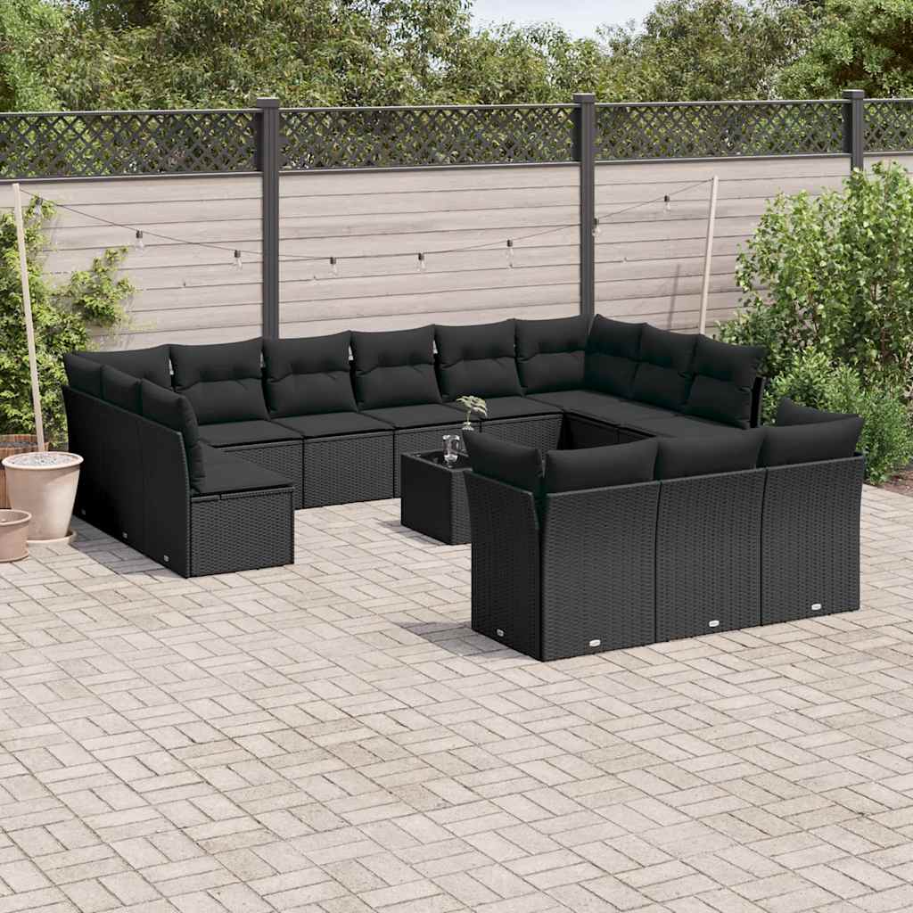 14 Pcs conjunto de sofás p/ jardim c/ almofadões vime PE preto