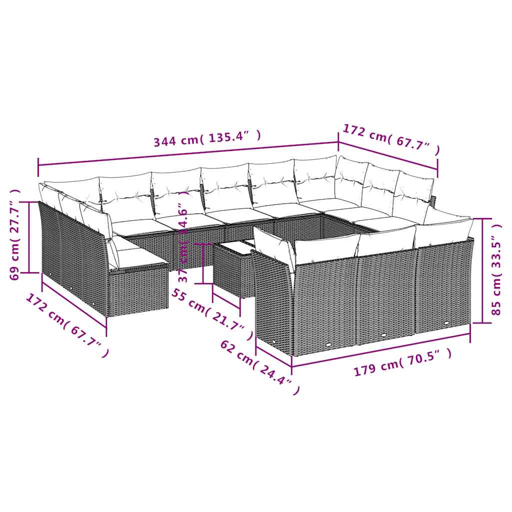 14 Pcs conjunto de sofás p/ jardim c/ almofadões vime PE preto