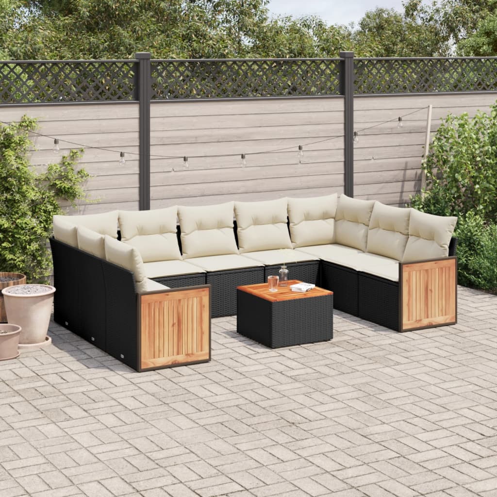 10 Pcs conjunto sofás de jardim c/ almofadões vime PE preto