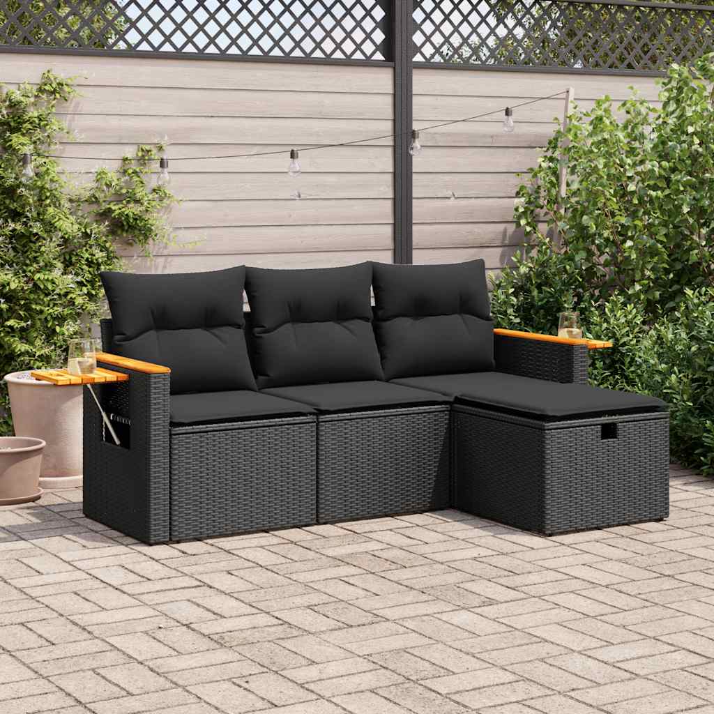 4 Pcs conjunto de sofás para jardim c/ almofadões vime PE preto