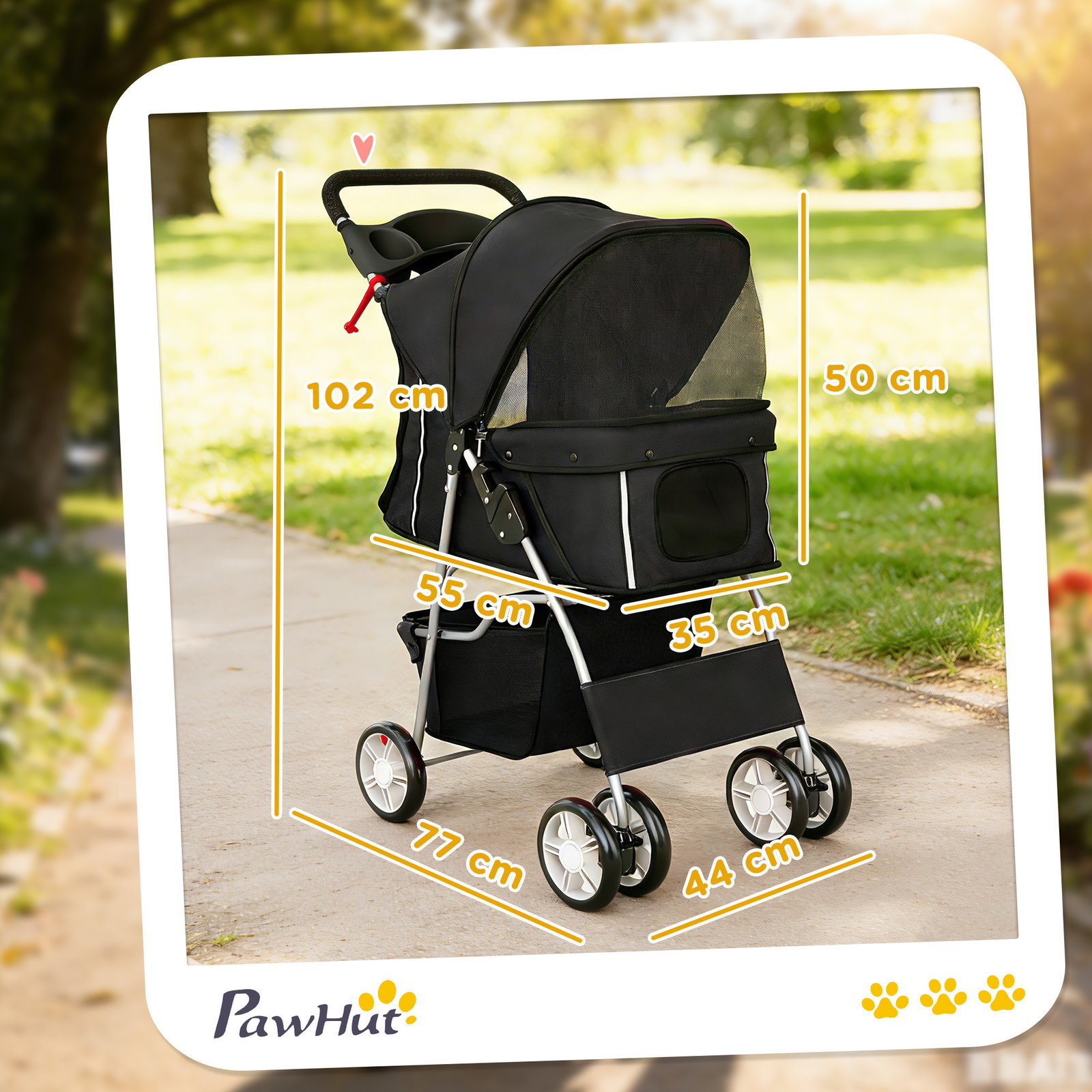 Carrinho dobrável para cães pequenos com cesta de armazenamento suportes para copos rodas e almofada lavável 77x44x102 cm preto