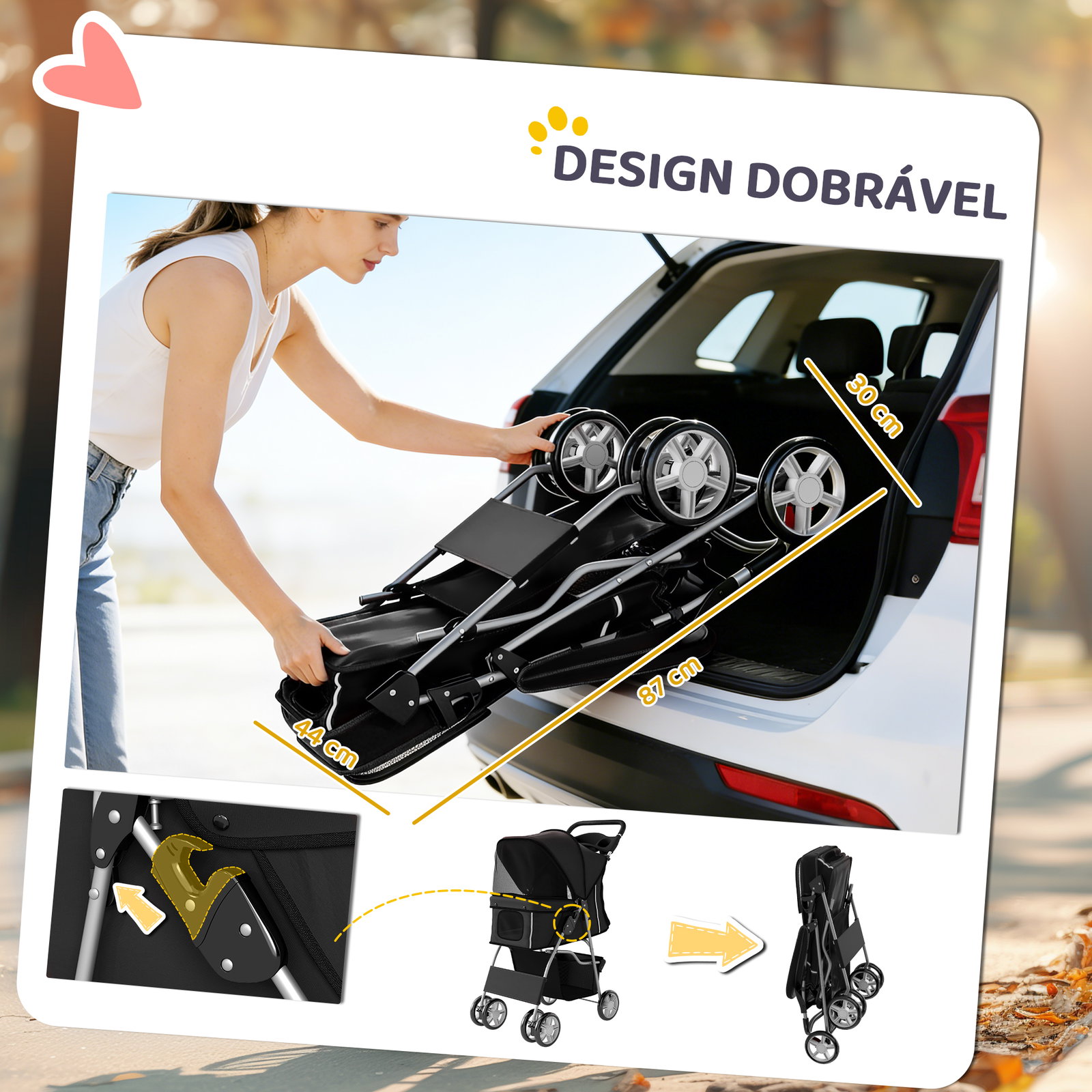 Carrinho dobrável para cães pequenos com cesta de armazenamento suportes para copos rodas e almofada lavável 77x44x102 cm preto