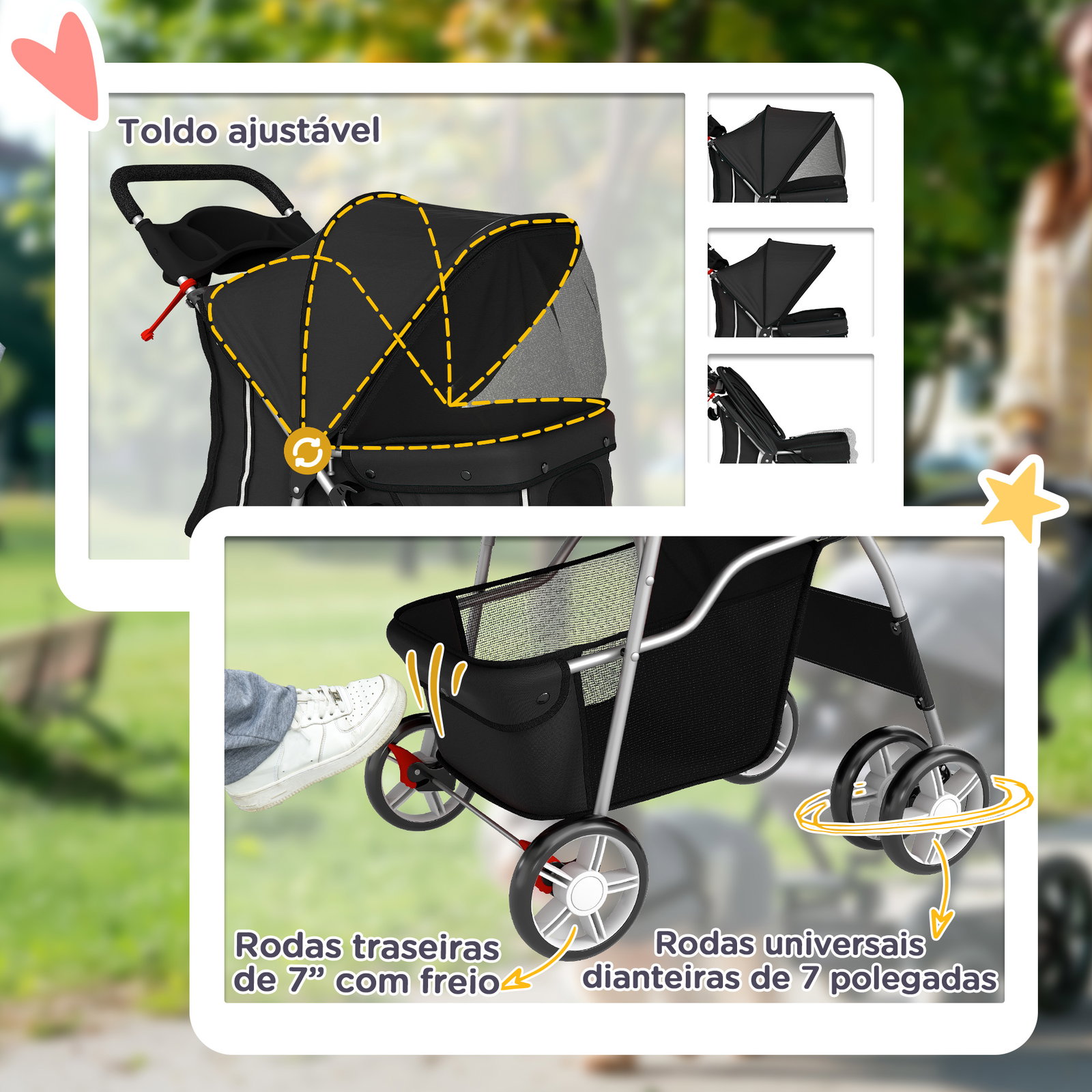 Carrinho dobrável para cães pequenos com cesta de armazenamento suportes para copos rodas e almofada lavável 77x44x102 cm preto